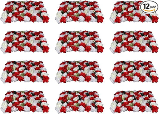 12PCS Flower Wall Panels, 3D Silk Floral Wall Backdrop, Realistic Red Rose Flower Backplanes, Roll Up Fake Flower Background for Valentines Wedding Party Home Decoration