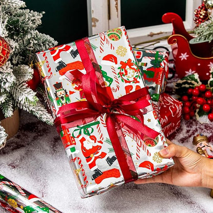 MAYPLUSS Christmas Nutcracker Wrapping Paper - 17 Inch X 33 Feet - Metallic Silver Christmas Tree Santa Claus Candy Cane Reversible Snowflake Gift Wrapping Paper for Holiday Party New Year Kids