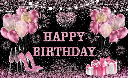 YinQin 180x120 cm Pink Golden Happy Birthday Backdrops Cloth 71x47 inch Bday Party Photography Backgrounds Glitter Black Rose Golden Happy Birthday Sign Banner Decoration for Women Girl