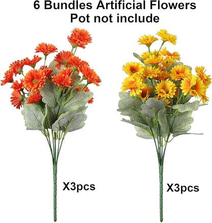 HyeFlora Dahlia Artificial Winter Flowers for Outdoors Christmas Decoration, 6 Bundles Fake Daisy Faux Plants Realistic UV Resistant Silk Flowers for Outside Planter Yard Garden Home, Orange Yellow