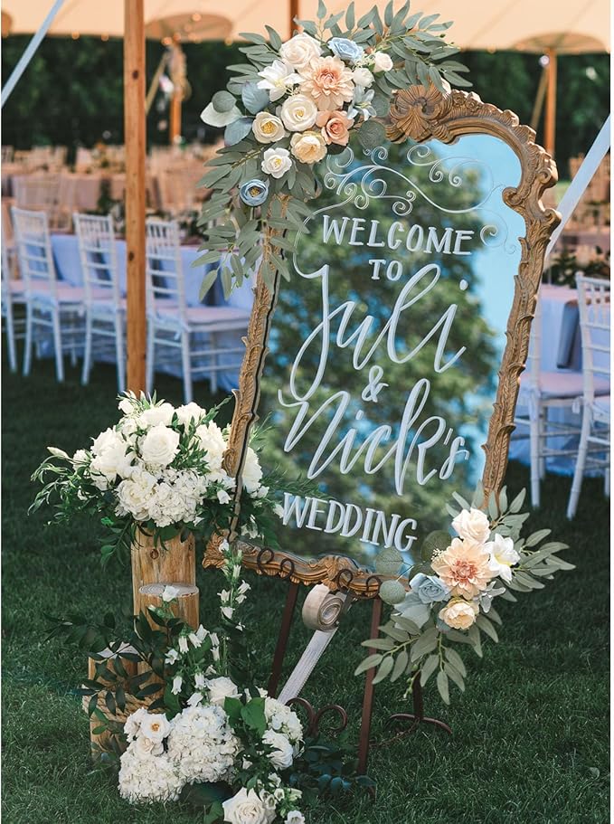Faux Flower Swag Set of 2, Champagne Blue Artificial Flowers Swags for Wedding Arch, Wedding Welcome Signs, Welcome Reception Ceremony Signs Decorations