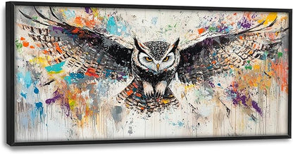 Large Banksy Owl Wall Art for Living Room, Framed Oversized Owl Wall Decor Wild Animal Canvas Painting Pictures Modern Artwork for Living Room Bathroom Bedroom Office Dining Room 60"x30"