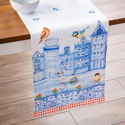 Maison d'Hermine Table runner 100% Cotton Double Layer Table Runners 72 inches long Decorative for Home Kitchen Dining Party Baby Shower Wedding Bridal Shower SpringSummer(Amsterdam Canals,14.50"x72")