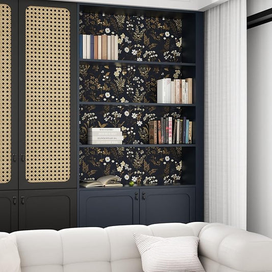 Dark Floral Wallpaper Peel and Stick 17.5in x 78.7in Navy Gold Leaf Wallpaper Vinyl Waterproof Self-Adhesive Dark Blue Botanical Wall Paper Mural for Bookcase Bedroom Cabinet Decor