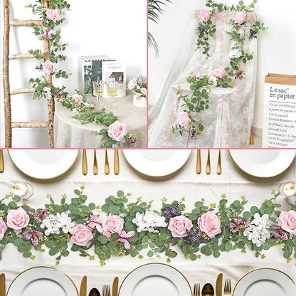 4PCS 5.9Ft Artificial Flower Garland Fake Rose Hydrangea Vines with Butterflies Hanging Floral Flowers Greenery Eucalyptus Garland for Wedding Home Party Room Table Backdrop Decor (Pink, 4PCS)