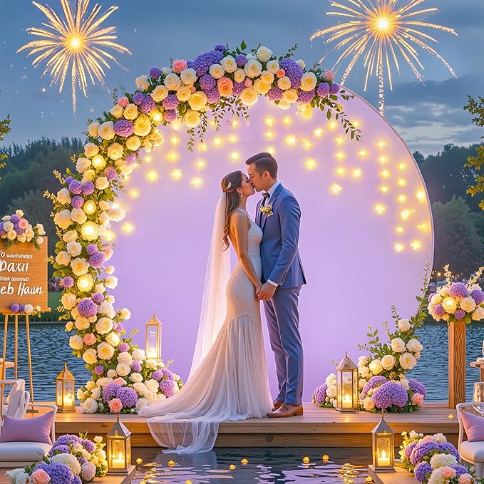 7.2 FT Purple Round Backdrop Cover with Lights String for Circle Arch Stand Circle Backdrop Covers with LED Fairy Lights for Wedding Arch Baby Shower Birthday Party Photo Photography Background