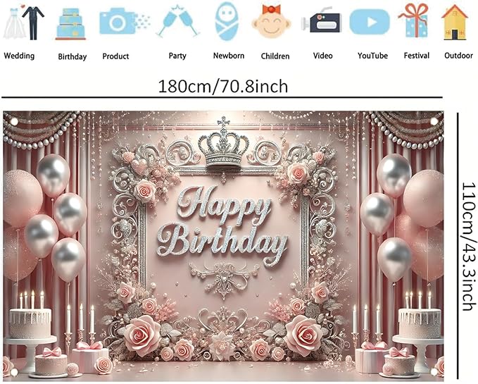 Starlit Patio Elegant Pink Happy Birthday Banner Backdrop Princess Girls Party Decorations Photography Backgrounds Crown Roses Balloons Cake Table Photo Booth Props 71 x 43 inch