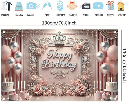 Starlit Patio Elegant Pink Happy Birthday Banner Backdrop Princess Girls Party Decorations Photography Backgrounds Crown Roses Balloons Cake Table Photo Booth Props 71 x 43 inch
