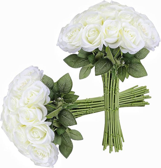 30pcs Roses Artificial Flowers Ivory Silk Roses with Long Stems Fake Flowers for Wedding Bouquet Centerpices Decorations Party Bridal Baby Shower Home Decor