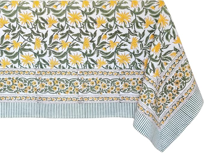 ATOSII 'Noor' 100% Cotton Boho Rectangle Tablecloth, Handblock Floral Print Linen Table Cloth for Dining Table I Tabletop I Parties/Outdoor I Wedding I Spring/Summer (60" X 90")
