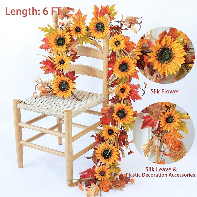 Mizii Artificial Sunflower Garland 6FT Fake Silk Sunflowers Flower Garland Autumn Hanging Vines Decorations for Kitchen Table Centerpieces Room Wall Party Wedding Birthday Fall Decor (Orange)