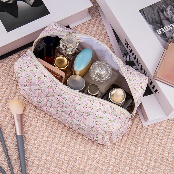 2 Pack Floral Makeup Bag, Cute Cosmetic Bag for Women Girls, Quilted Cotton Make up Pouch, Travel Makeup Bags, Portable Storage Toiletry Organizer Bag(Pink+Navy Blue)