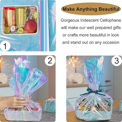 SYOGUA 34in x 50ft Iridescent Cellophane Wrap Roll, Extra Wide Iridescent Film Cellophane Wrap Rainbow Colored Cellophane Roll for Gift Baskets, Crafts, Candy, Gifts, Flowers