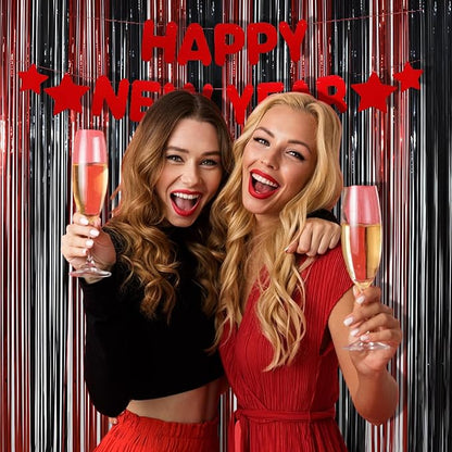 BRAVESHINE Tinsel Photo Backdrop Curtains - 2 Pack 3.2x8.2ft Black Red Foil Fringe Streamer Curtain for Christmas/New Years/Birthdays/Bachelorette/Home/Office/Indoor/Outdoor Party Supplies Decorations
