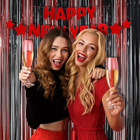 BRAVESHINE Tinsel Photo Backdrop Curtains - 2 Pack 3.2x8.2ft Black Red Foil Fringe Streamer Curtain for Christmas/New Years/Birthdays/Bachelorette/Home/Office/Indoor/Outdoor Party Supplies Decorations
