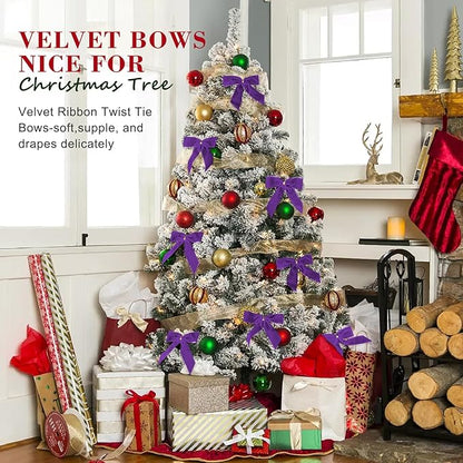 24 Pcs Purple Small Velvet Christmas Bows for Christmas Tree, Wreath, Gift Wrapping, Crafts, Wedding, Party, Twist Tie Bows for Treat Bag Bakery Candy Bags, Home Decor 1" W,3.5 x 3.5 inch