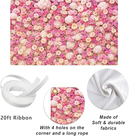 Pink Flower Wall Backdrop 7x5ft Elegant Floral Photography Background Banner for Wedding, Bridal Shower, Baby Shower Girl, Birthday Party, Engagement & Photo Booth Decor