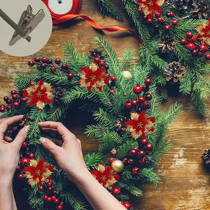 24 PCS Poinsettia Flower Artificial Red Gold Christmas Flowers Artificial 5.5'' Glitter Poinsettias Artificial Christmas Tree Flower With Clips Diy Xmas Wreath Holiday New Year Home Party Decor