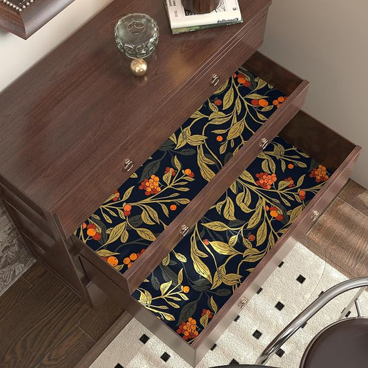 Extra Long Dark Floral Peel and Stick Wallpaper - 17.5In x 32.8Ft Vintage Botanical Self-Adhesive Vinyl Contact Paper for Cubicles Drawers Cabinets Leaf Fruit Pattern Black Yellow Gold Orange