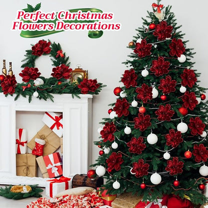 20 Pcs Christmas Glitter Poinsettia Magnolia Flowers Ornaments Large Heads Artificial Magnolia Flowers for Christmas Tree Xmas Wreath Holiday Wedding Decor (Fuchsia)