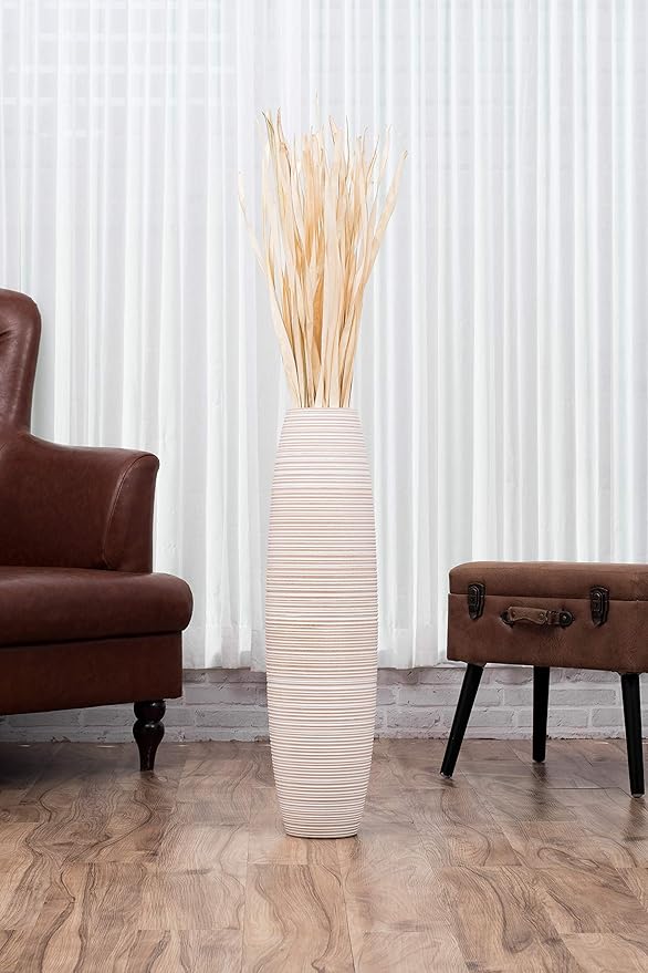 Leewadee Large White Home Decor Floor Vase - Wooden 26 inch Tall Farmhouse Decor Flower Holder for Fake Plant and Pampas Grass