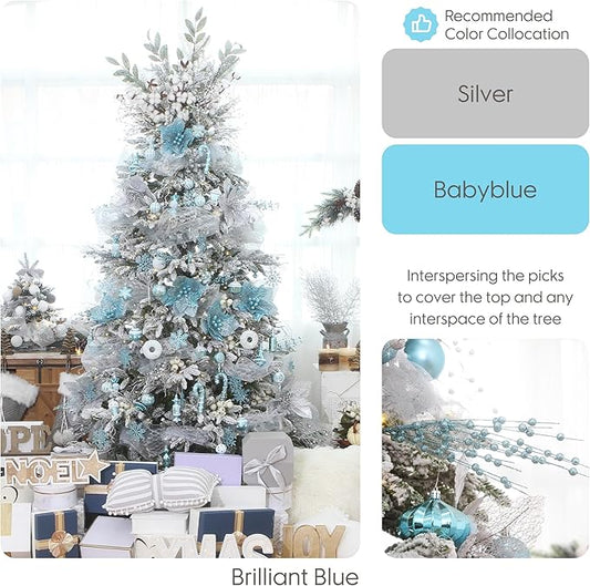 Sea Team 24-Pack Artificial Glitter Berry Stem Ornaments, Decorative Bead Sticks, Glittery Twigs, Picks, Branches for Christmas Tree, Small Vase, Holiday, Wedding, Party (17 Inches, Babyblue)