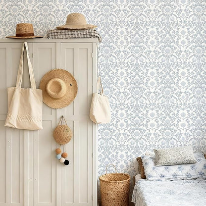 17.3" × 393.7" Blue Floral Peel and Stick Wallpaper, Damask Vintage Wallpaper for Bedroom Bathroom Self Adhesive Removable