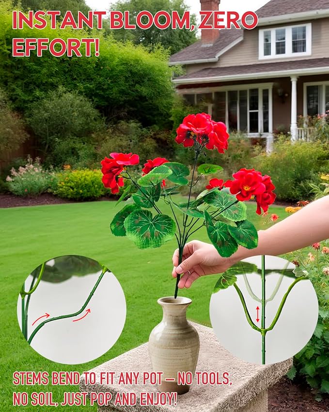UV Resistant Red Geranium Fake Outdoor Flowers Christmas Decor- 6 Bundles Realistic Silk Artificial Flowers for Outside for Planter Hanging Basket, Faux Plants for Garden Porch Yard Home Décorations