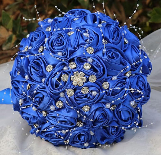 Bridal Wedding Bouquet Round Bling Brooch Bouquet Throw Toss Artificial Rose Flower Bunch for Bride Bridesmaid Wedding Quinceanera(Royal Blue, 6.3")