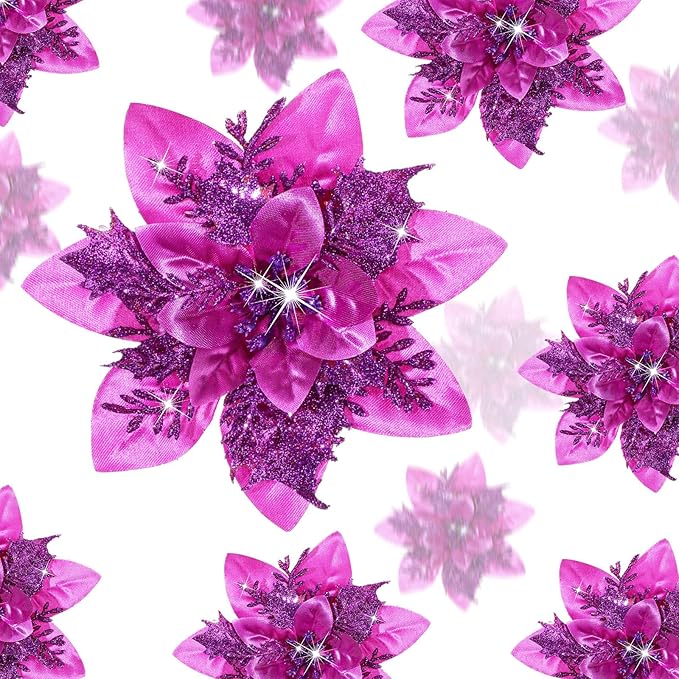 Geosar 24 Christmas Glitter Artificial Poinsettia Flowers Xmas Poinsettia Artificial Wedding Flowers Decorations Xmas Tree Ornaments with Clips for Party Favors, 6 Inch, 4 Inch, 3 Inch (Dark Purple)