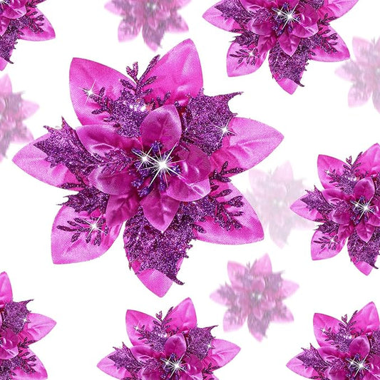 Geosar 24 Christmas Glitter Artificial Poinsettia Flowers Xmas Poinsettia Artificial Wedding Flowers Decorations Xmas Tree Ornaments with Clips for Party Favors, 6 Inch, 4 Inch, 3 Inch (Dark Purple)
