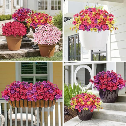 24 Bundles Artificial Flowers for Outdoors, Realistic Fake Silk Flowers for Outside Decoration, No Fade Faux Plants Outdoor Planter Window Box Porch Patio Decor(Rosy red)