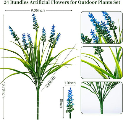 Artificial Flowers for Outdoor Plants 24 Bundles Fake Lavender Plastic Faux Monkey Grass for Verandah Window Garden Office Patio Front Porch UV Resistant for Planter(Blue)