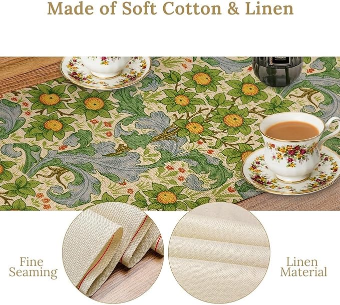 William Morris Original Design Green Table Runner Vintage Floral Table Runner for Dining Table Decor 13 x 60 Inch