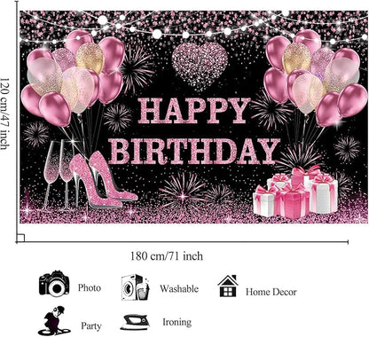 YinQin 180x120 cm Pink Golden Happy Birthday Backdrops Cloth 71x47 inch Bday Party Photography Backgrounds Glitter Black Rose Golden Happy Birthday Sign Banner Decoration for Women Girl