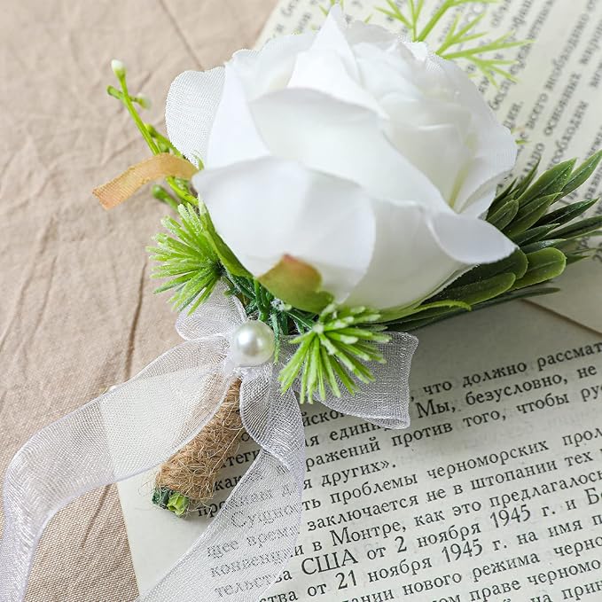 2pcs Wedding White Rose Wrist Flowers Artificial Rose Flowers for Ceremony Prom Party Accessories (2 Wrist Corsage White)
