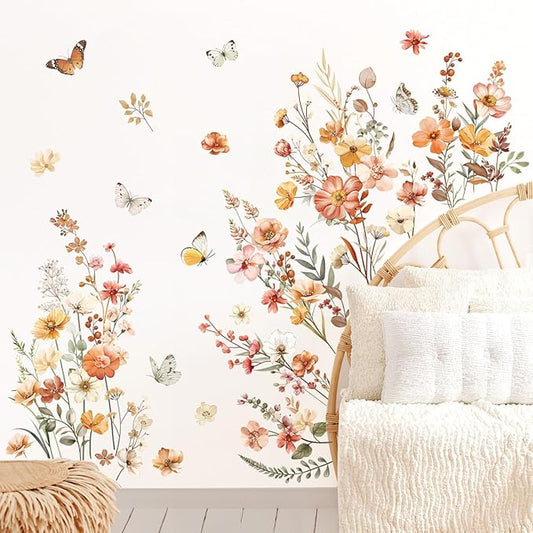 decalmile Boho Flower Wall Decals Garden Floral Butterflies Wildflower Wall Stickers Girls Bedroom Living Room Baby Nursery Wall Decor