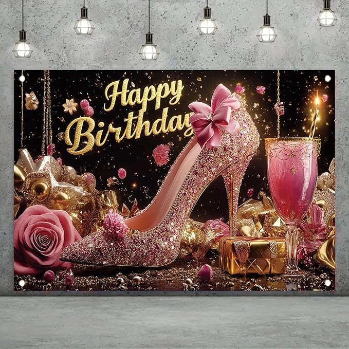 Luxury High Heel Birthday Backdrop Banner Pink Glitter Shoe Photography Background Rose Gold Decor for Women Girls Party Decorations Fashion Booth Studio Props 71 x 43 Inch
