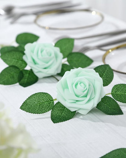 DuHouse 50Pcs Artificial Roses Flowers Fake Roses with Stems Real Touch Foam Flowers for DIY Wedding Bouquet Baby Shower Centerpiece Floral Arrangement Party Home Decor(Mint Green)