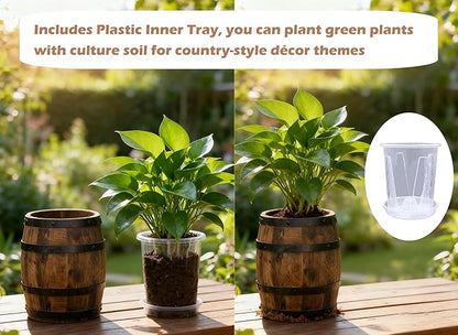 Wood Wine Barrel Vase 6" x 5" – Mini Barrel Rustic Wooden Flower Vase Planter for Wedding Reception, Party Table Decoration,Home Indoor Outdoor Garden, Kitchen,Planting (1)
