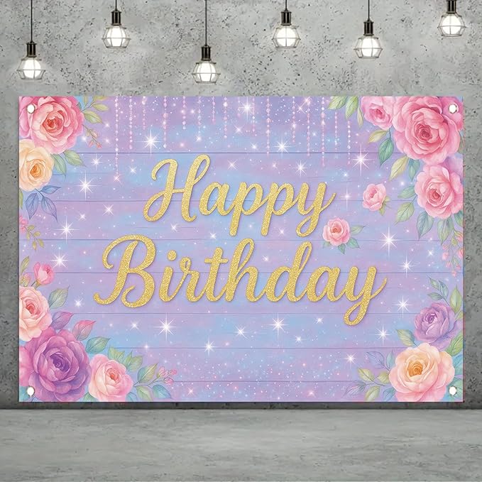 71 x 43 Inch Happy Birthday Backdrop Purple Pink Floral Glitter Rose Birthday Party Decorations Banner for Girls Women Kids Birthday Supplies Photo Booth Wall Backdrop Photography Props