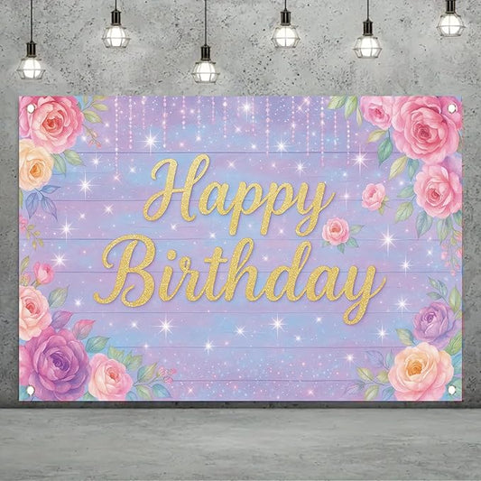 71 x 43 Inch Happy Birthday Backdrop Purple Pink Floral Glitter Rose Birthday Party Decorations Banner for Girls Women Kids Birthday Supplies Photo Booth Wall Backdrop Photography Props