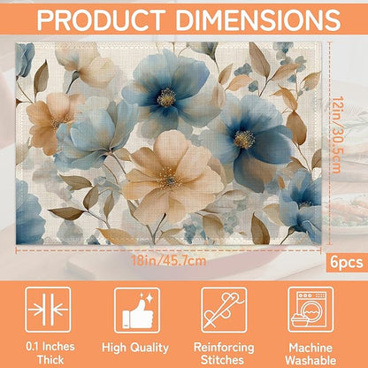 Blue Poppy Placemats Set of 6,Flowers Washable Kitchen Dining Linen Table Mats for Home Party Dinner Indoor Outdoor 12x18Inch