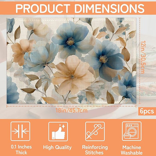 Blue Poppy Placemats Set of 6,Flowers Washable Kitchen Dining Linen Table Mats for Home Party Dinner Indoor Outdoor 12x18Inch