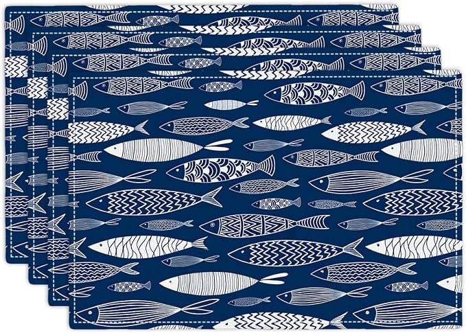 Japanese Fish Placemats Set of 4, Blue Fishing Country Double-Sided Table Mats for Kitchen Dining Room Home Party Indoor Decor 4 PCS 12x18 Inch