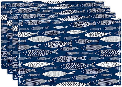 Japanese Fish Placemats Set of 4, Blue Fishing Country Double-Sided Table Mats for Kitchen Dining Room Home Party Indoor Decor 4 PCS 12x18 Inch