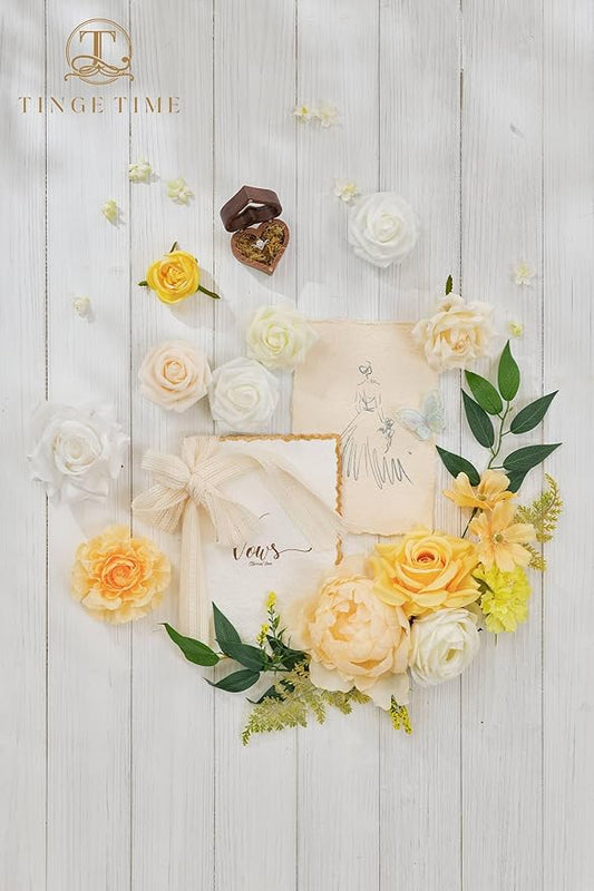 TINGE TIME Artificial Flowers Combo Mix Silk Flowers Yellow Roses w/stem for DIY Wedding Bridal Bouquets Baby Shower Floral Arrangement Table Centerpieces Home Decorations (Yellow & Champange)