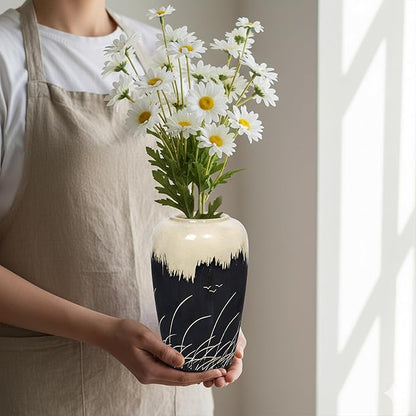 Black and White Vase, 8 Inch Modern Ceramic Vase for Pampas Grass, Farmhouse Decorative Vases for Home Decor, Centerpiece for Kitchen Table, Living Room Shelf Decor