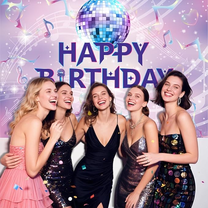 Pink Purple Birthday Backdrop, 1.5x1m/59.06x3.28ft Cartoon Happy Birthday Backdrop Dreamy & Funny Musical Themed Party Banner for Women Girl Celebration Decoration