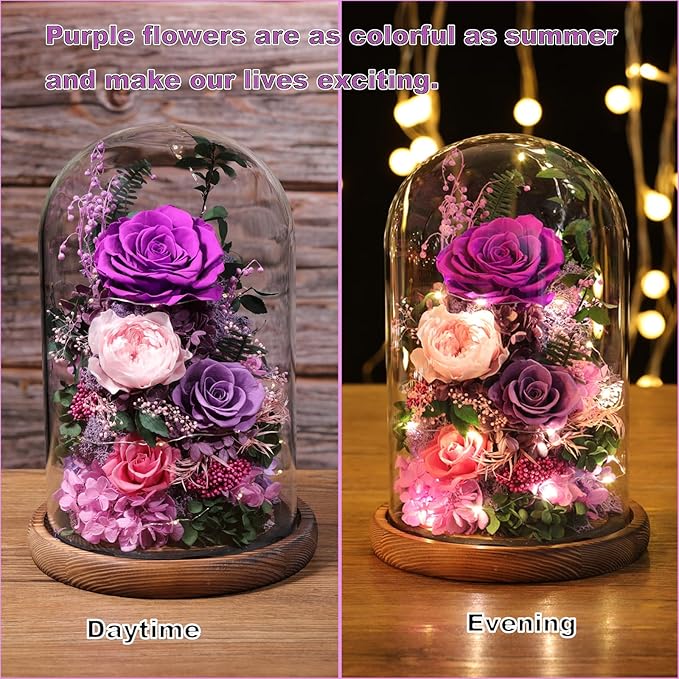 Flowers for Delivery Preserved Flowers Rose in Glass Dome,Purple Rose Forever Flowers Birthday Gifts for Women Mom Grandma Friend Gifts for Her,Home Decor